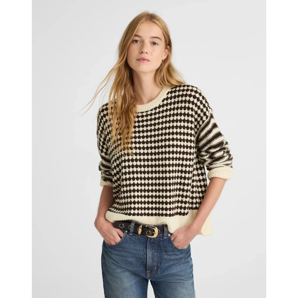 MADEWELL Mixed Stripe Pullover Sweater S Ivory Brown Alpaca Blend Relax NWT B61